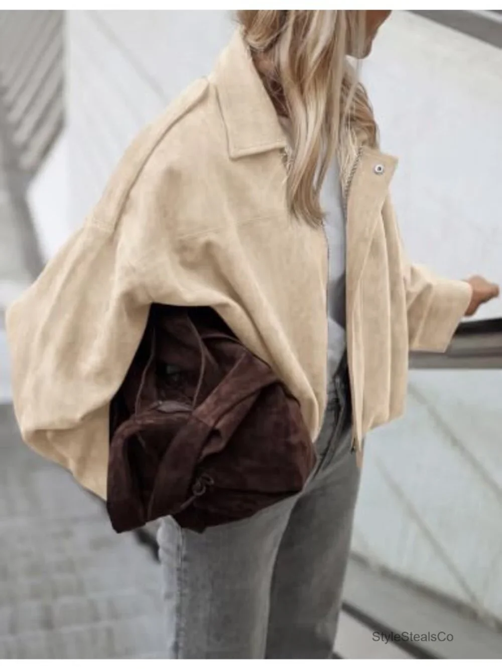 Faux Suede Cropped Bomber Jacket Women Oversized Zip Fall Winter